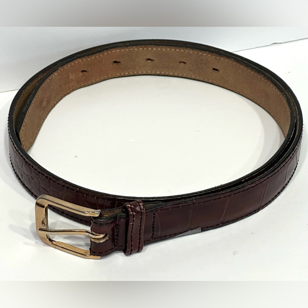 BILL BLASS DESIGNER CORDOVAN BROWN LEATHER BELT, CROCO-EMBOSSED, GOLD BUCKLE, - Picture 14 of 14